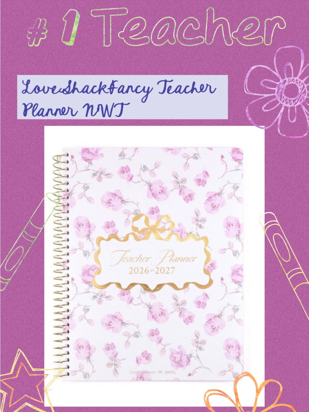 LoveShackFancy Floral Pink Teacher/Daily Planner 2026-2027 with Gold Accent